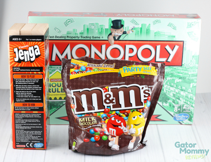 M&M's, Hasbro Jenga and Classic Monopoly